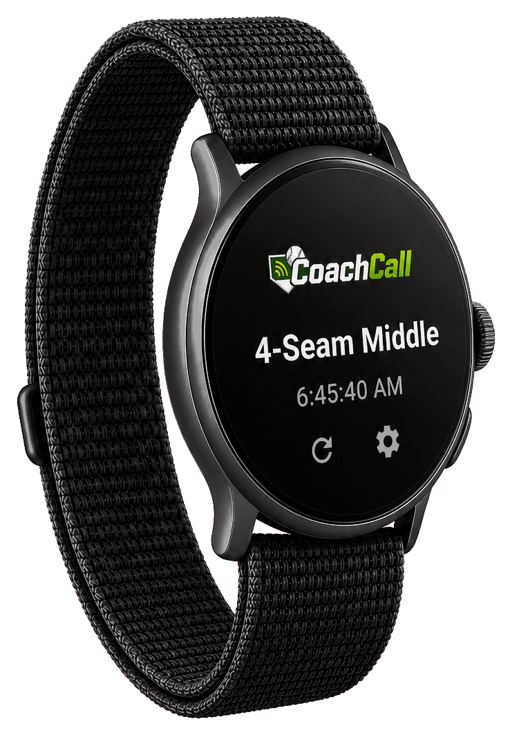 CoachCall on a round Wear OS watch turned toward the Apple Watch