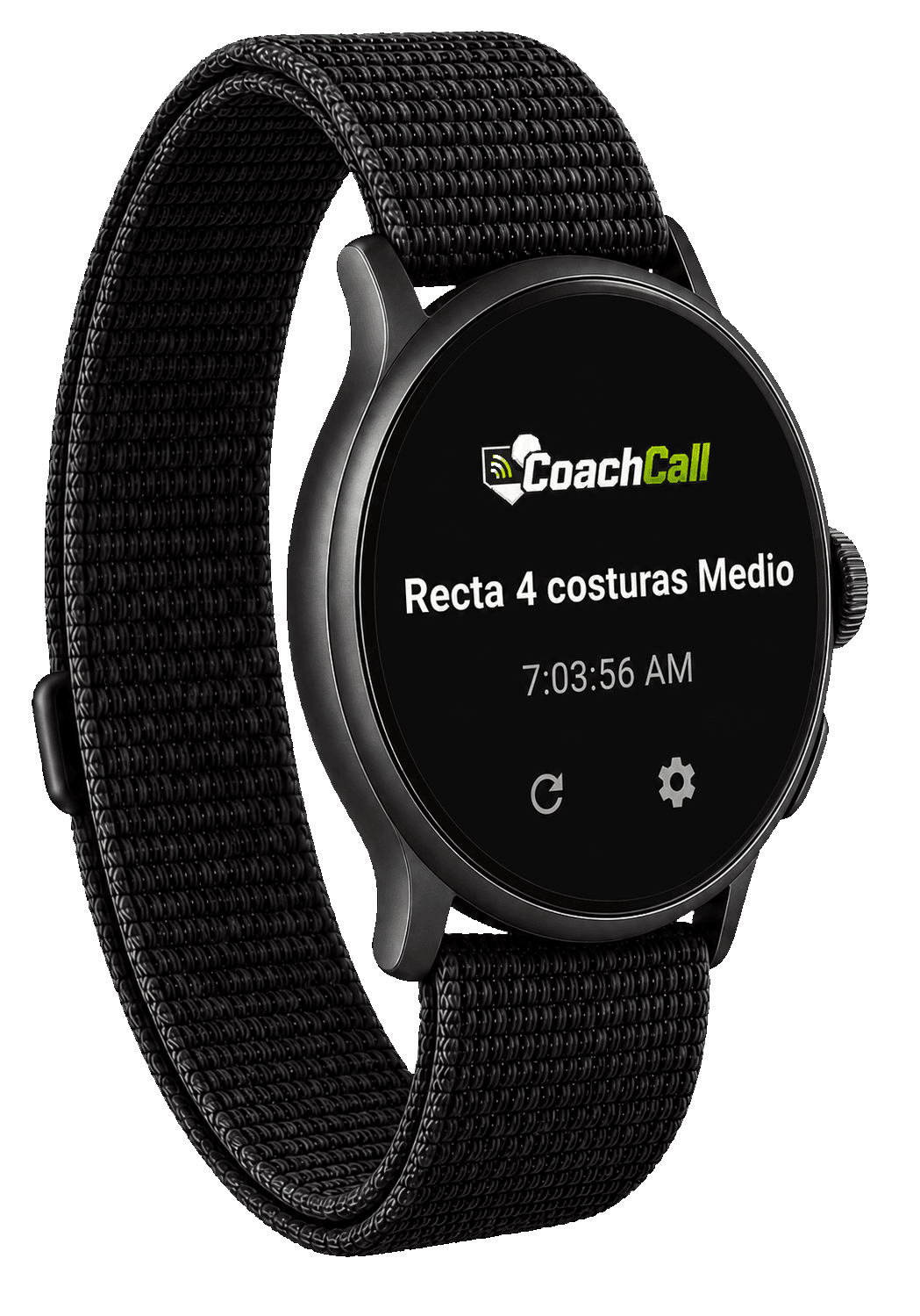 CoachCall en un reloj Wear OS redondo orientado hacia el Apple Watch