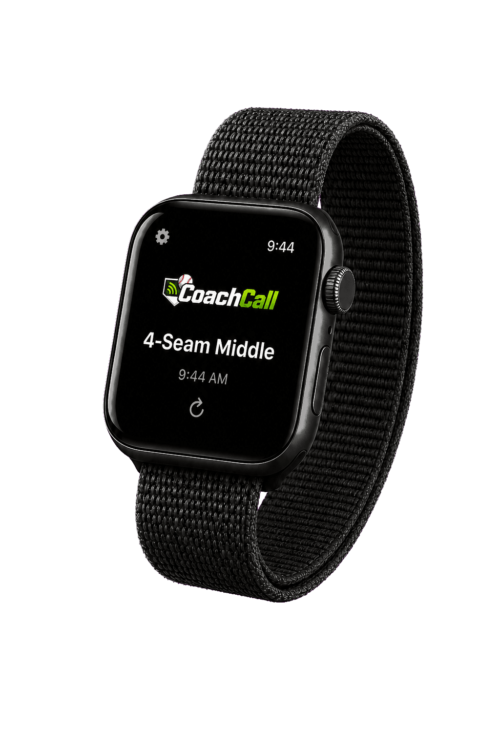 CoachCall Apple Watch showing 4-Seam Middle on a woven nylon band