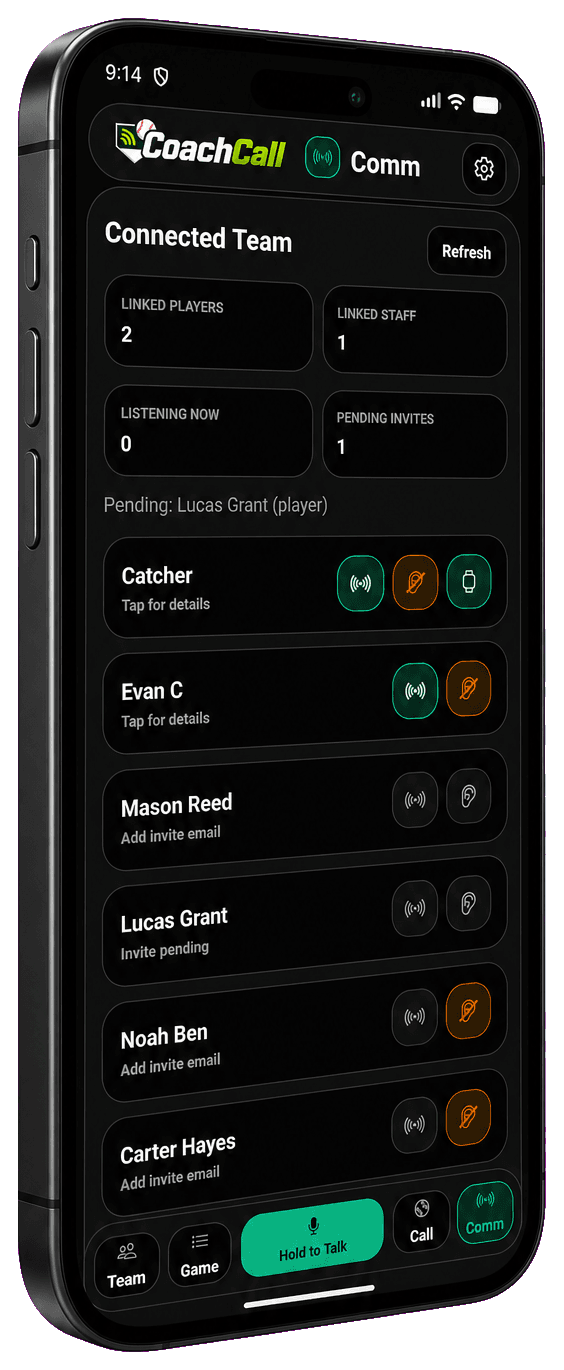 CoachCall Comm screen with connected players and staff on a dark titanium phone