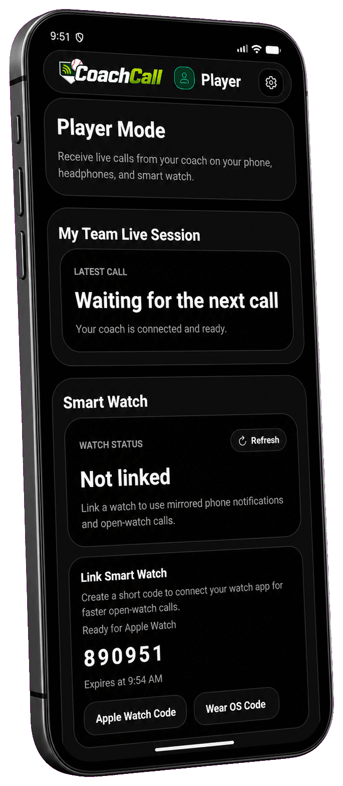 Player Mode displaying a six-digit smart watch link code on a dark titanium phone