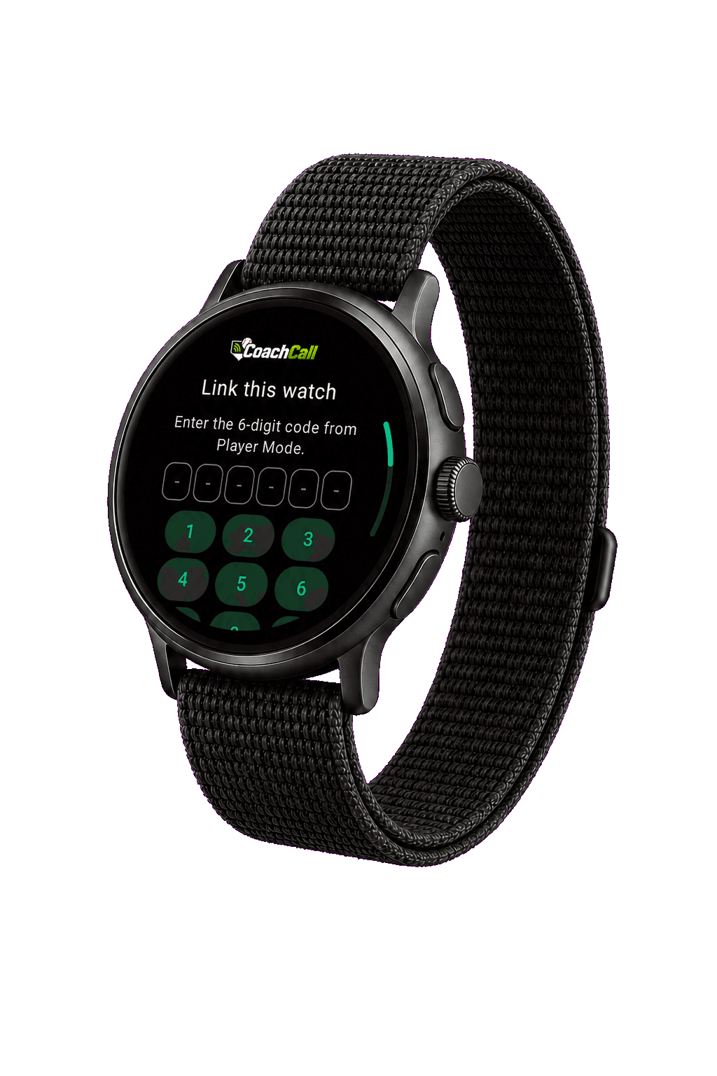 Wear OS watch displaying the CoachCall six-digit linking screen