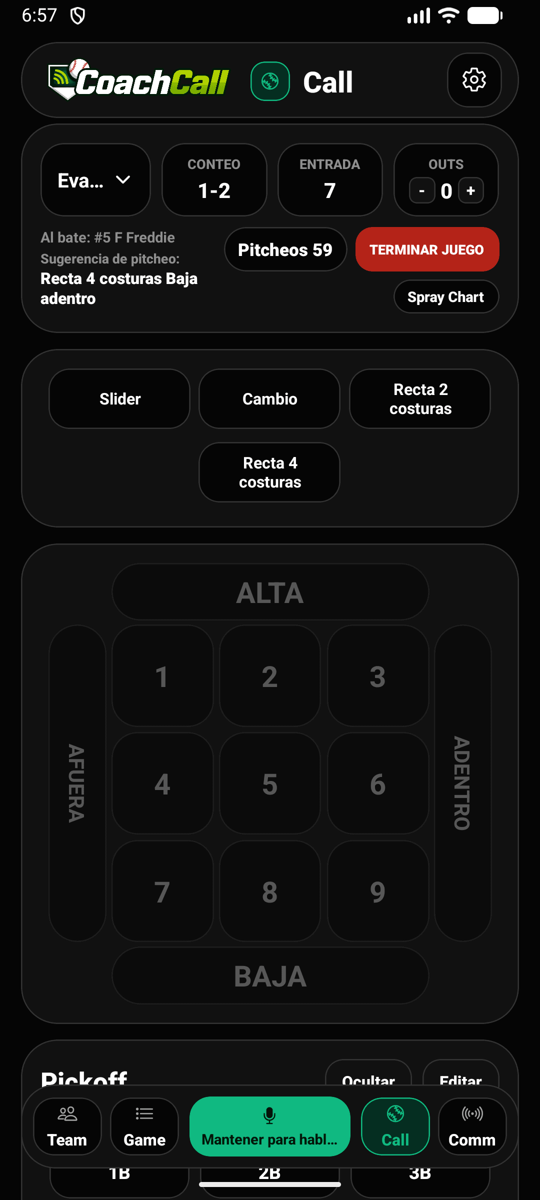 Pantalla de canto de pitcheos de CoachCall