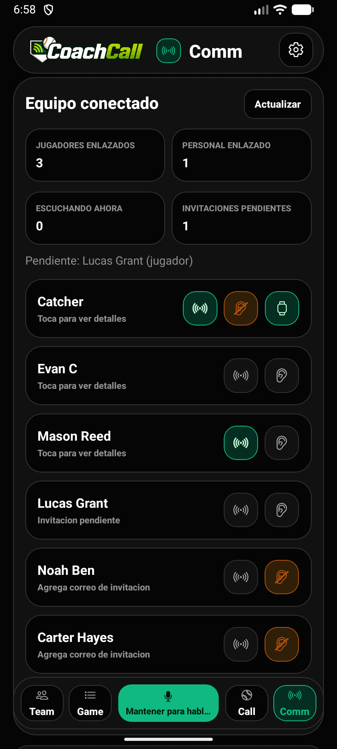 Pantalla de comunicación de CoachCall con jugadores conectados