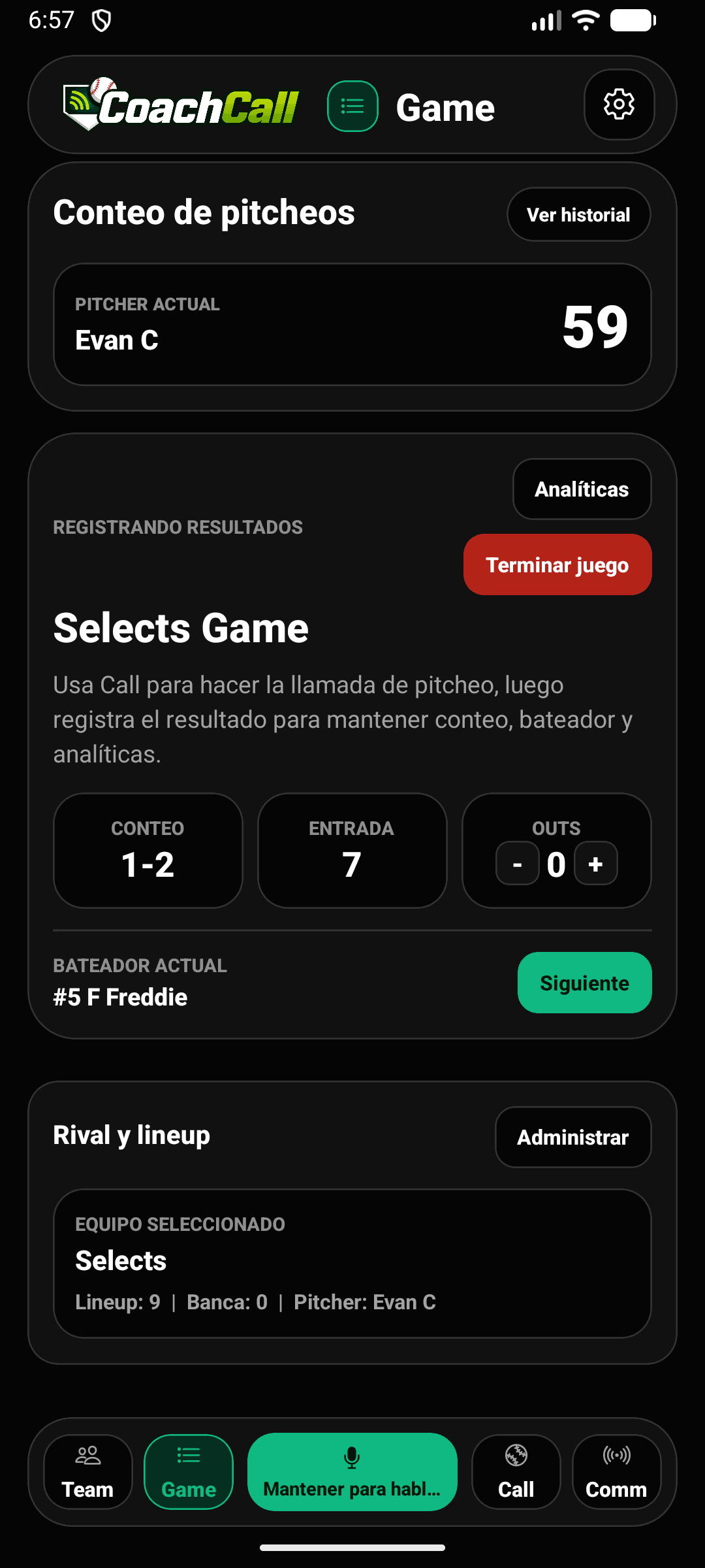 Juego activo de CoachCall en la séptima entrada