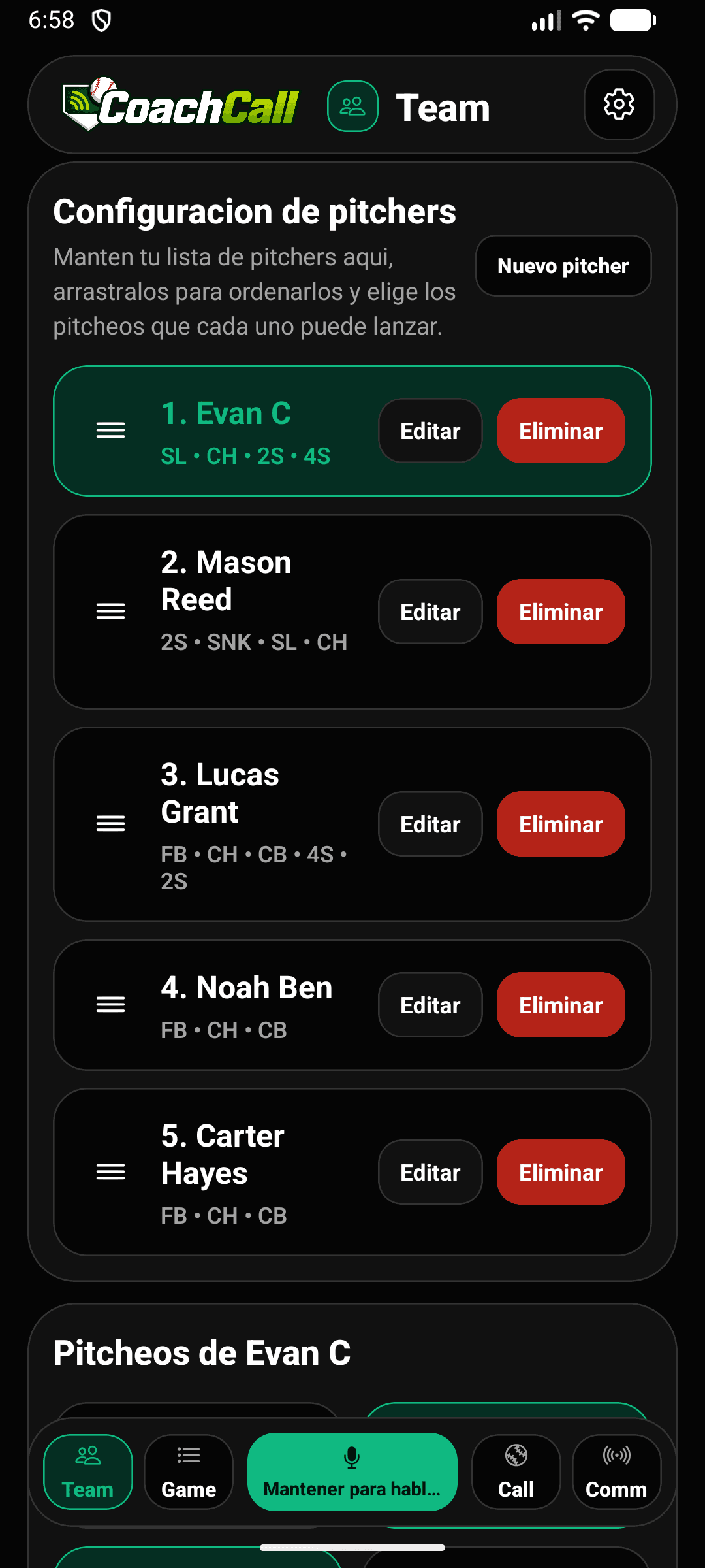 Configuración de pitchers de CoachCall en español