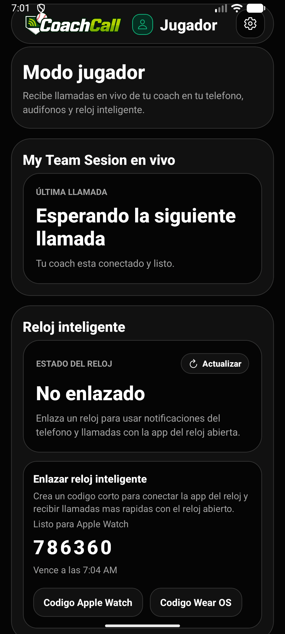 Modo Jugador mostrando un código de seis dígitos para enlazar un smartwatch