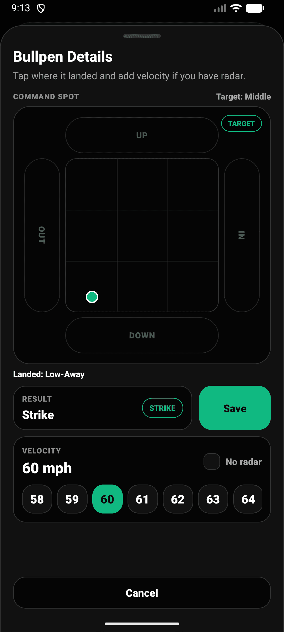 CoachCall Bullpen Details tracking location, result, and velocity