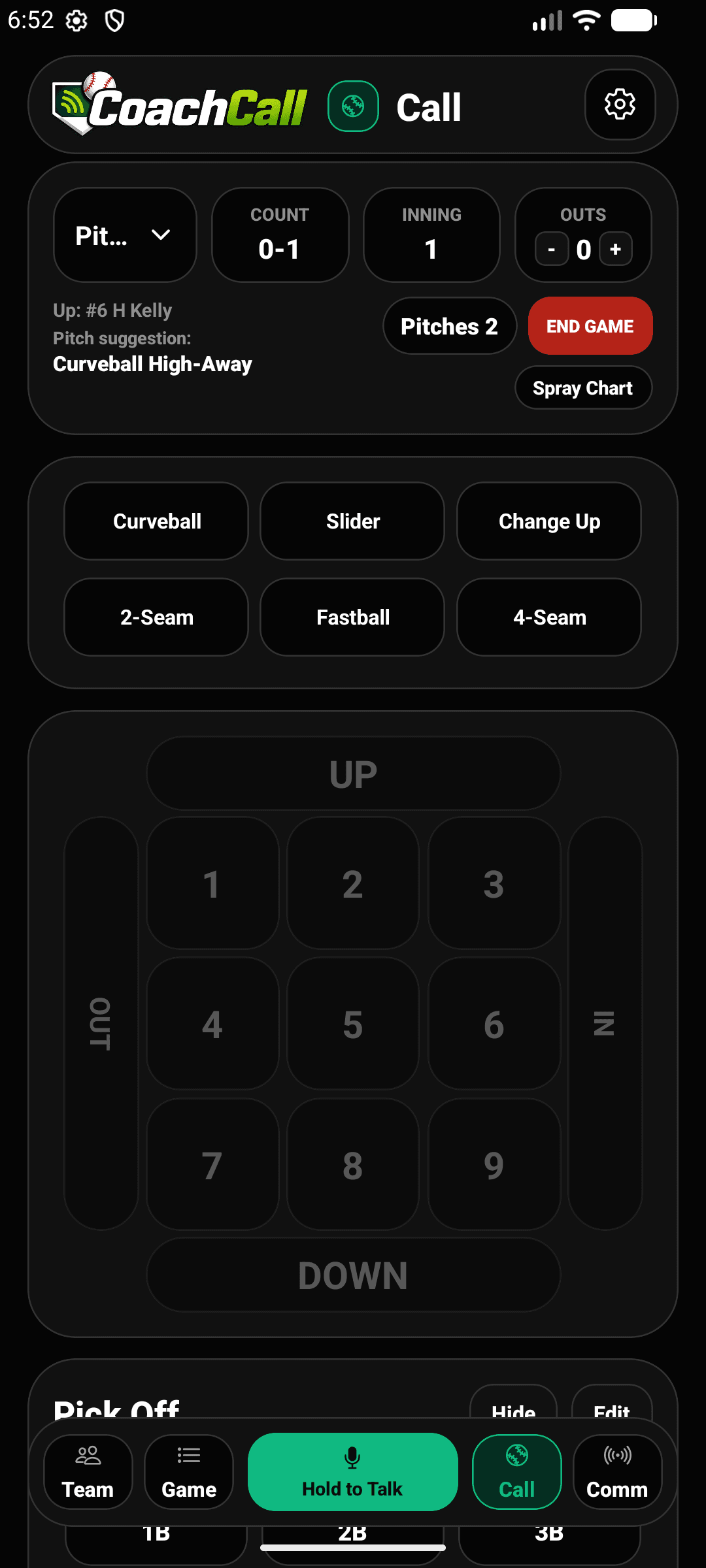 Real CoachCall Call screen for choosing a pitch and location