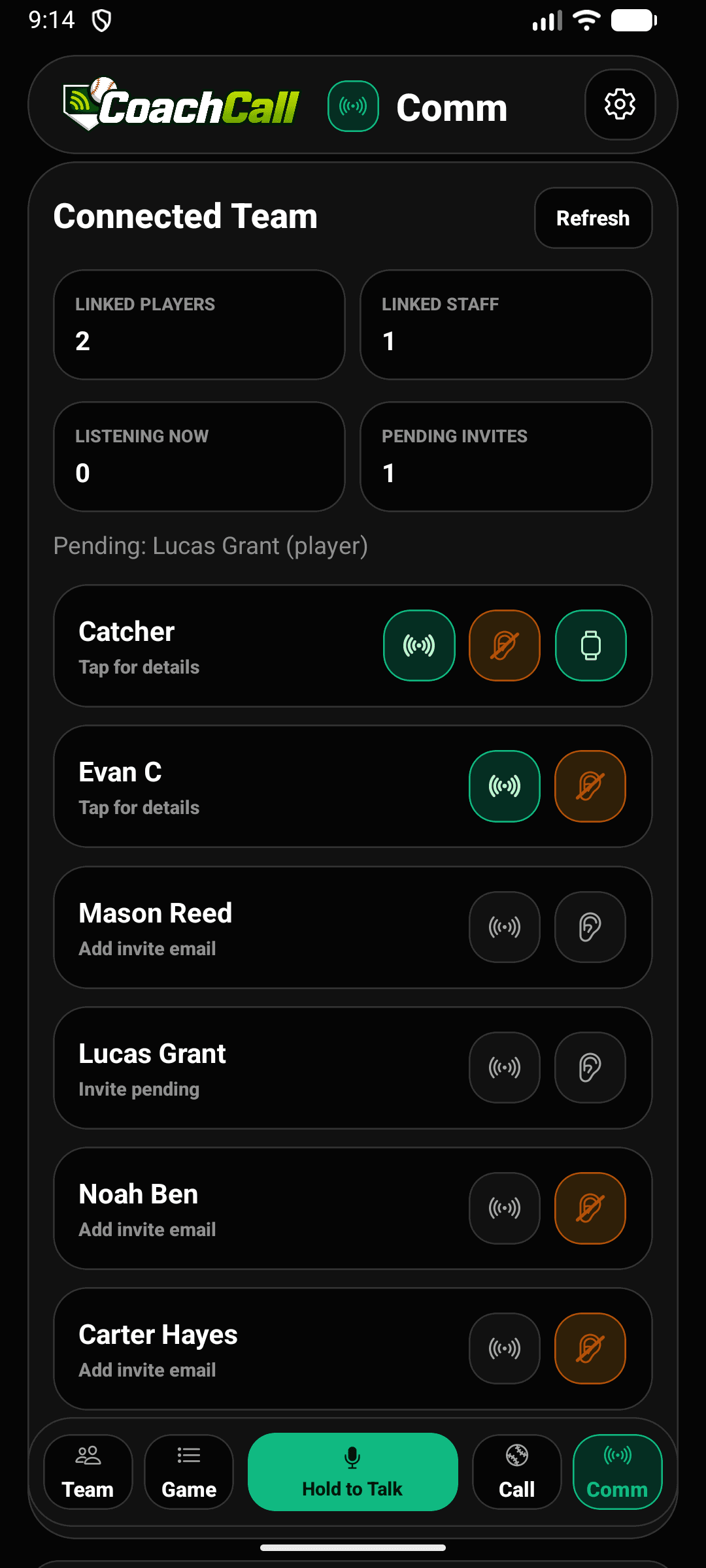 CoachCall Comm screen with connected players and receiving status
