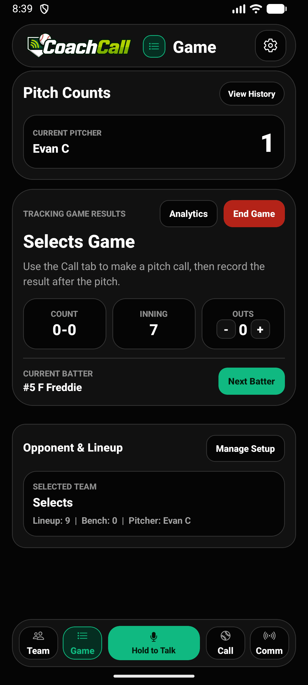 CoachCall active game screen
