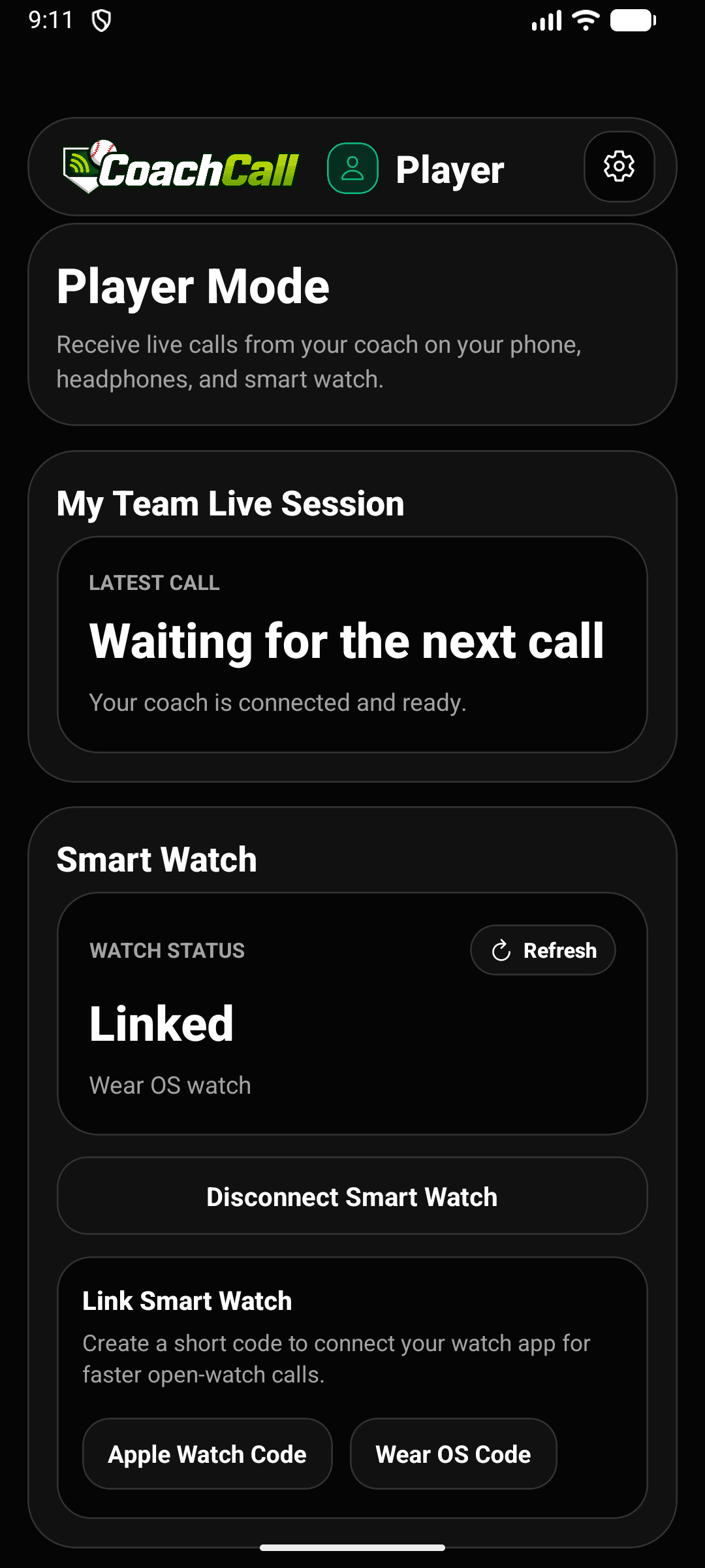 Real CoachCall Player Mode screen for connected delivery