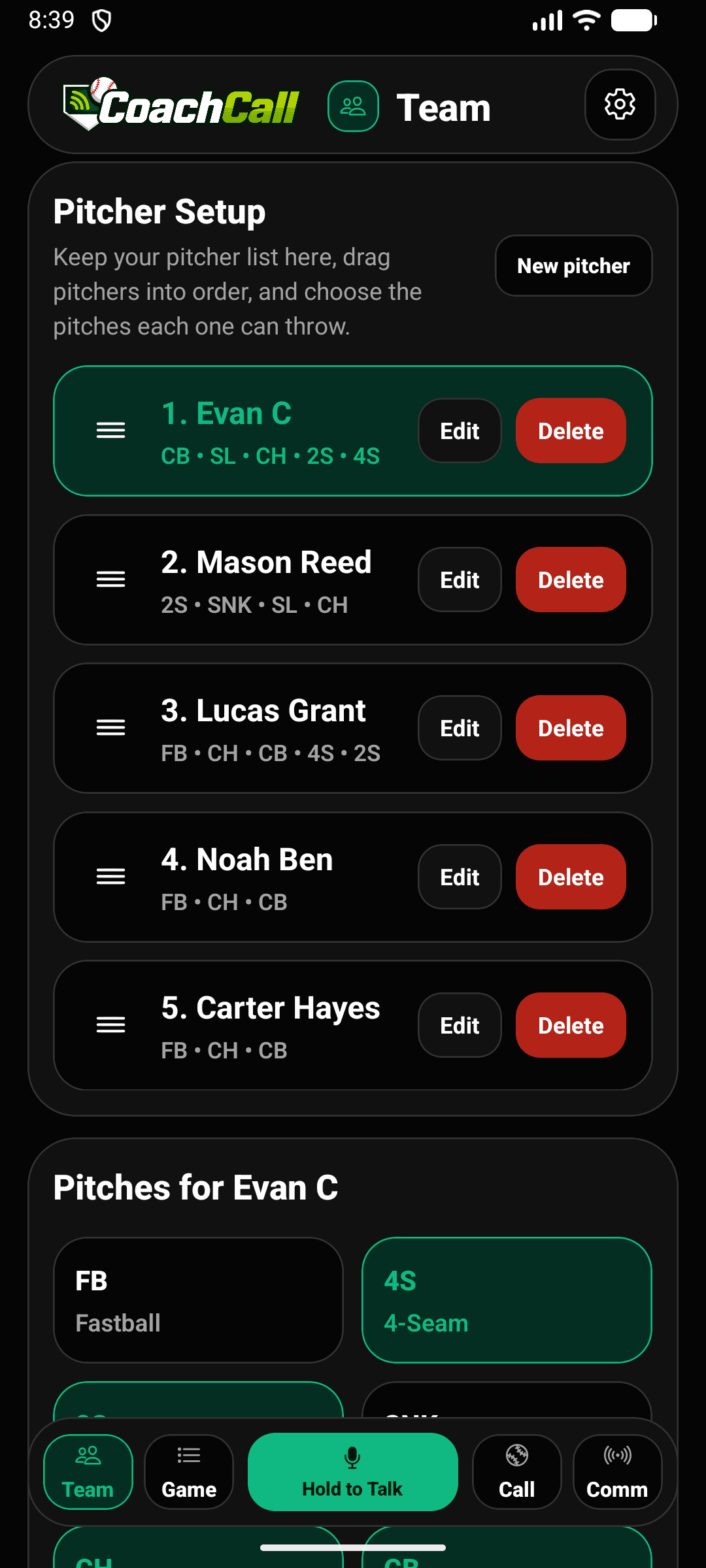 CoachCall populated Team screen